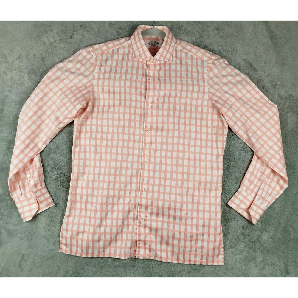 Fray Trillion Palm Beach Peach White Check Plaid Button Shirt Mens 2 Italy Made‎
